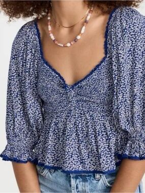 Free People Blue Floral Peplum Blouse